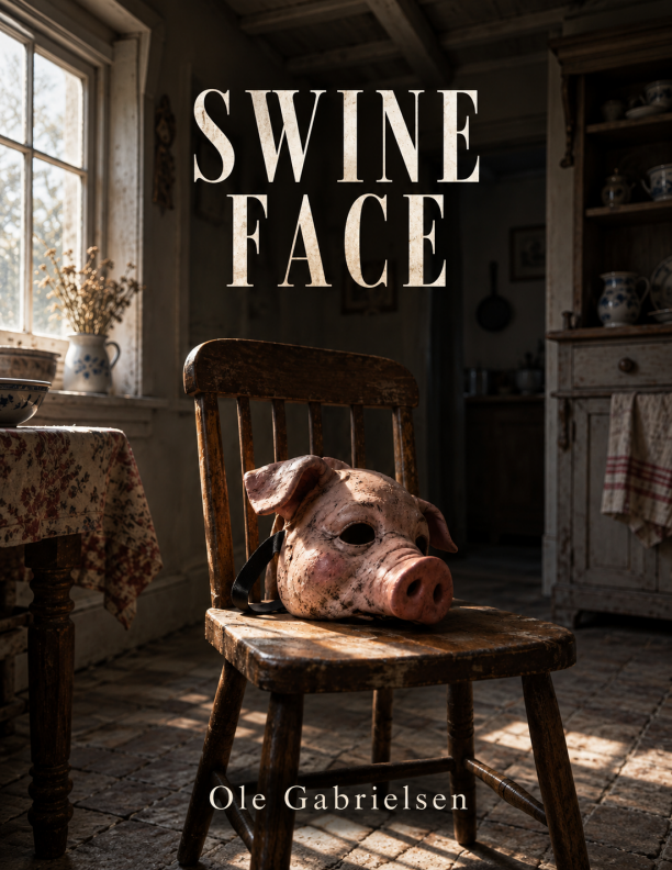 Swine Face, the book cover: a pale pig mask resting on a wooden chair in a sunlit cottage kitchen